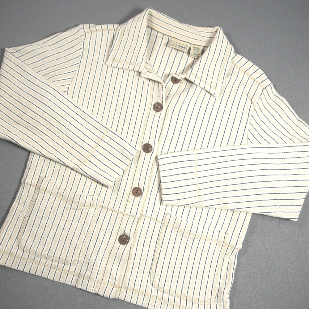 VTG 90s LL Bean Striped Linen Blend Stretch Women Button Front Jacket S Cardigan